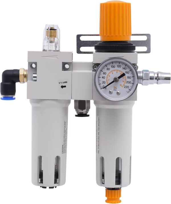 1/2" NPT Tire Changer Air Pressor Oil Water Regulator Separator with Pressure Gauge, Anti-Corrosion Plastic Housing, Visible Bowl, Complete Accessories, and Maximum Pressure of 145Psi